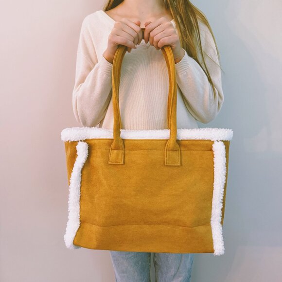 NWT - Ellison + Young - Sherpa Faux Fur Trim Suede Tote Bag - Caramel/White - Picture 2 of 3